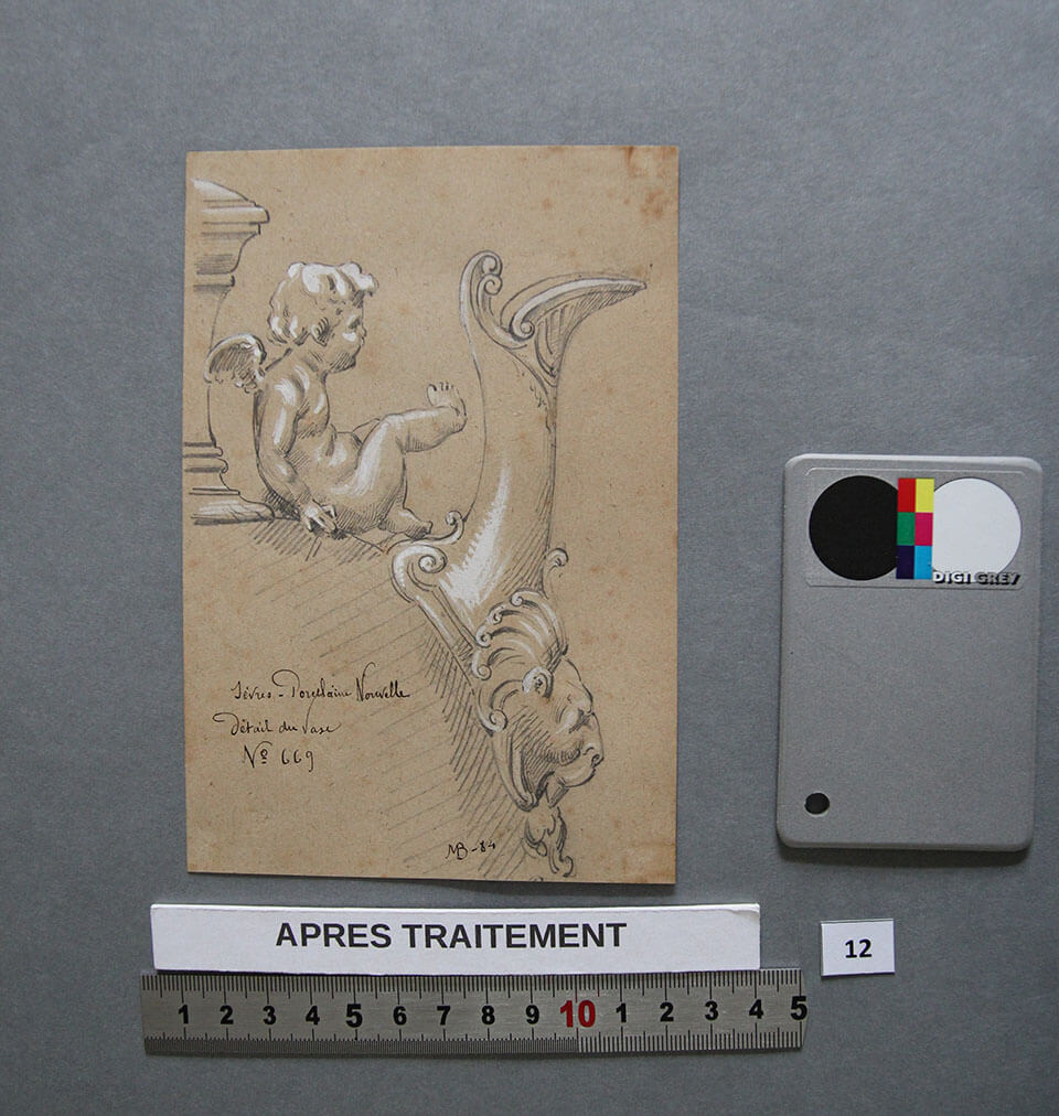 Traitement des pigments blancs oxydés (blancs de plomb) par les polluants de l’air, recueil de dessins à la gouache de M. Borrel, Collection Musée National Adrien Dubouché